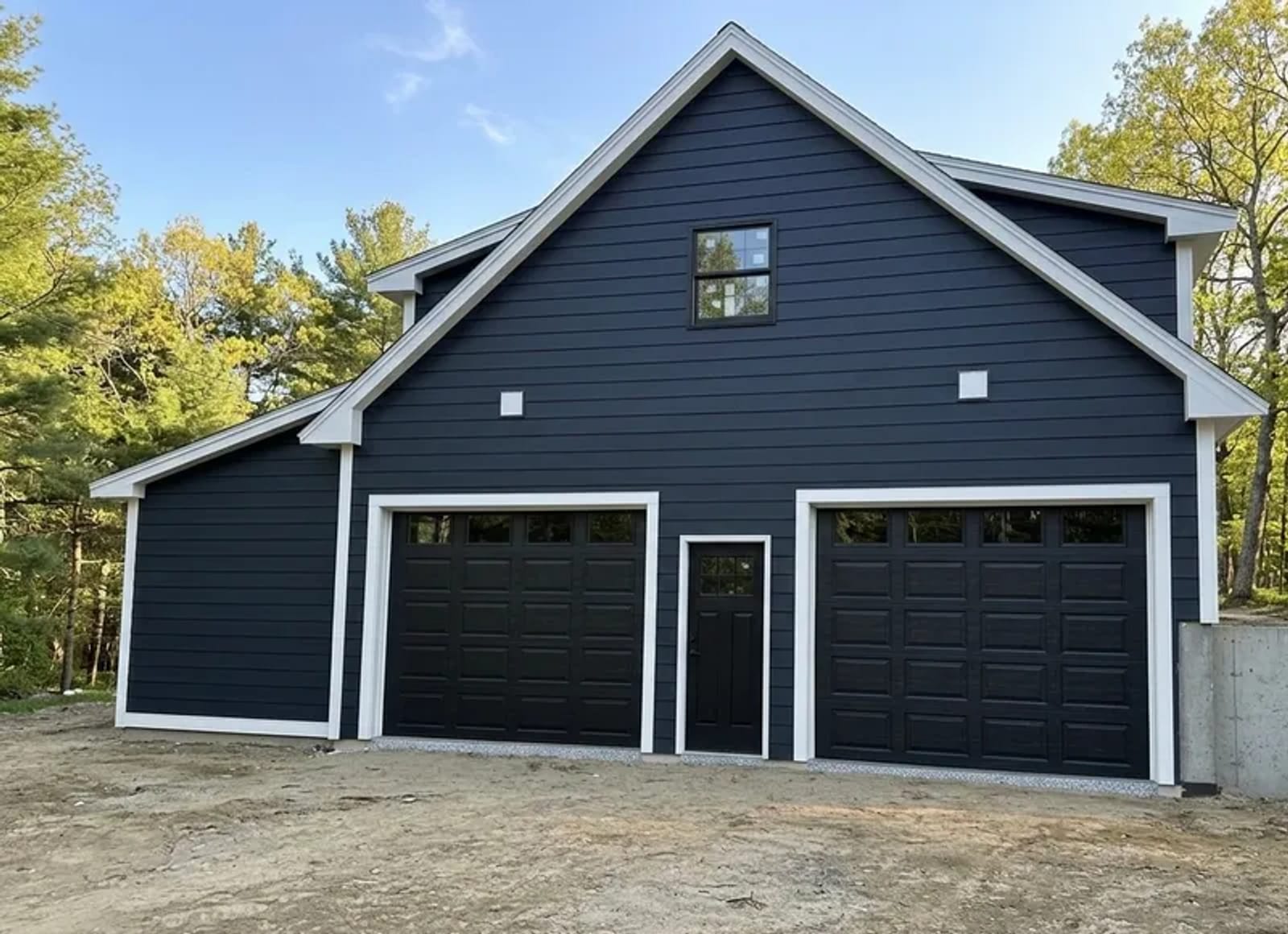 Navy two-car garage with black carriage-style doors, a new build by Murray's in Massachusetts